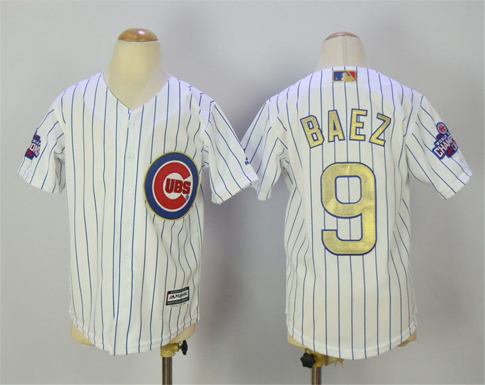 Cubs 9 Javier Baez White World Series Champions Youth Gold Program Cool Base Jersey
