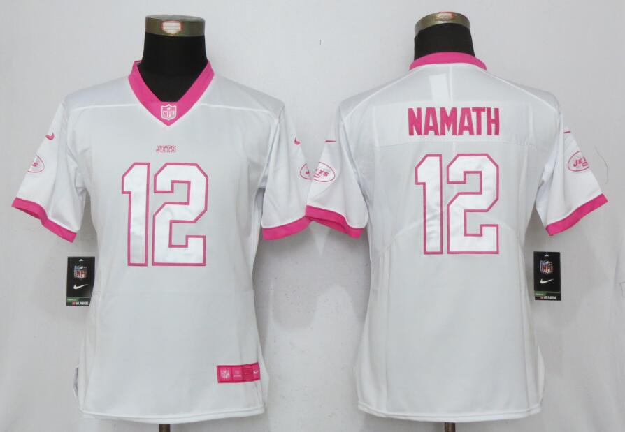Nike Jets 12 Joe Namath White Pink Women Limited Jersey