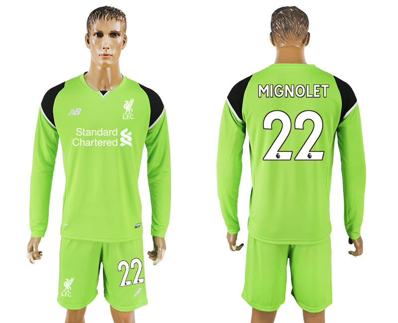2017-18 Liverpool 22 MIGNOLET Green Goalkeeper Long Sleeve Soccer Jersey