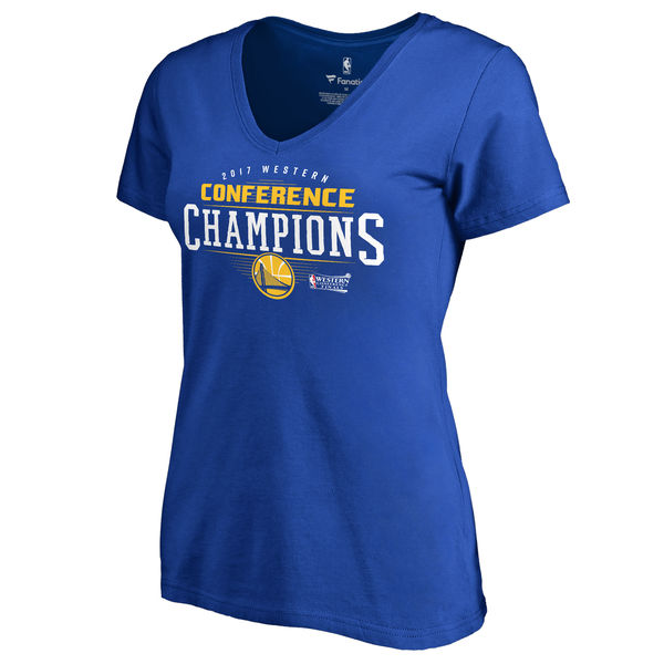 Women's Golden State Warriors Fanatics Branded Royal 2017 Western Conference Champions Plus Size Crossover V Neck T-shirt - Click Image to Close
