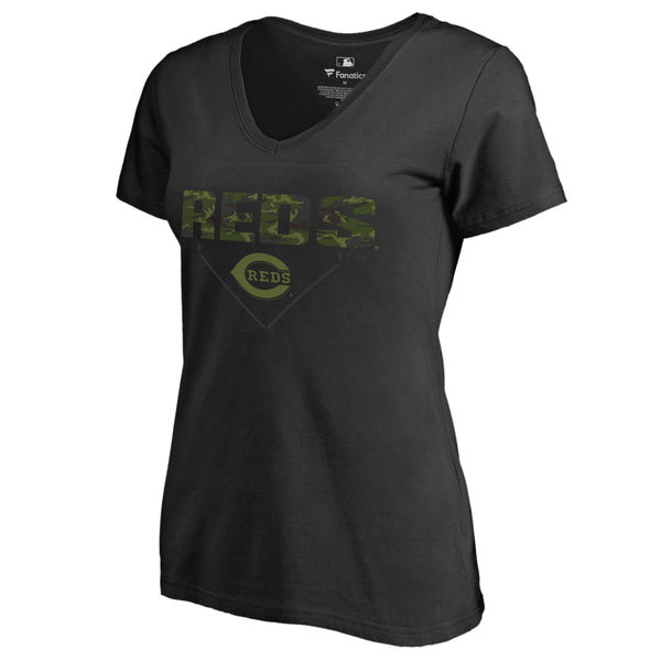 Women's Cincinnati Reds Fanatics Branded Black Big & Tall Memorial V Neck Camo T-shirt - Click Image to Close