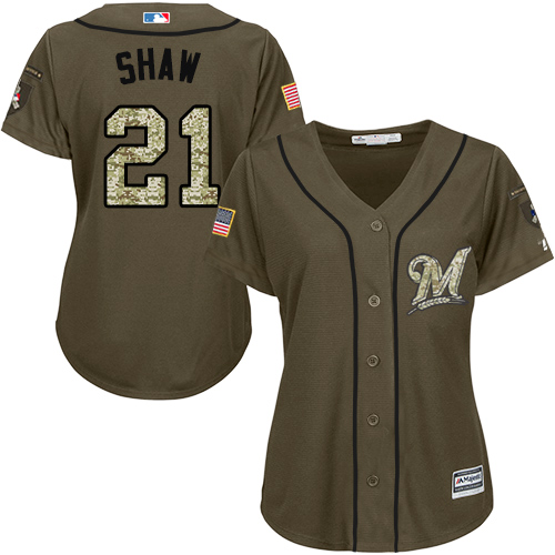 Brewers 21 Travis Shaw Olive Green Women Cool Base Jersey