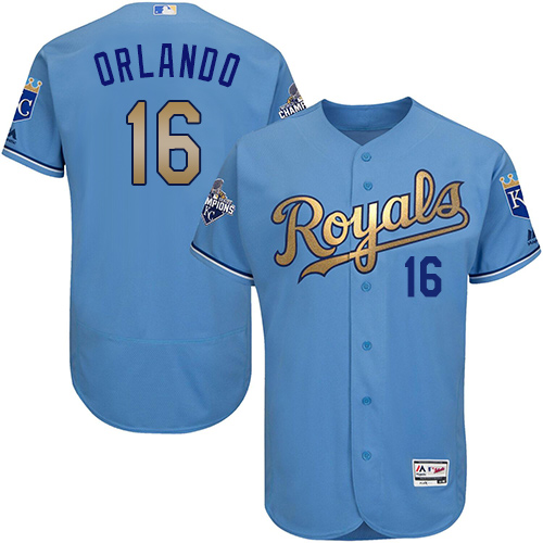 Royals 16 Paulo Orlando Light Blue 2015 World Series Champions Gold Program Flexbase Jersey