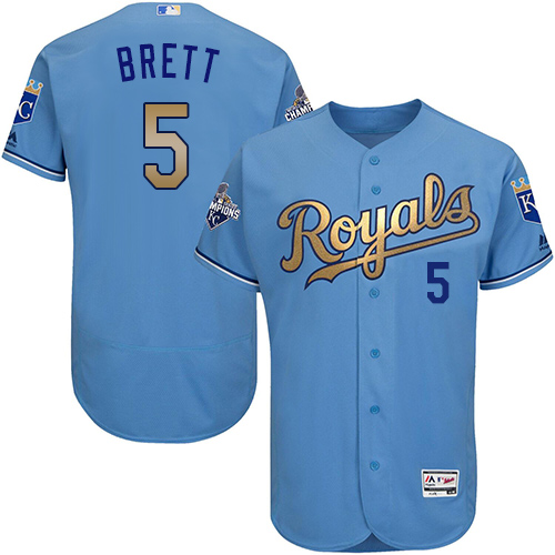 Royals 5 George Brett Light Blue 2015 World Series Champions Gold Program Flexbase Jersey