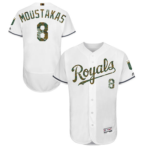 Royals 8 Mike Moustakas White Memorial Day Flexbase Jersey - Click Image to Close