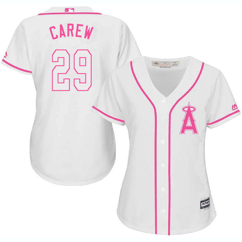 Angels 29 Rod Carew White Pink Women Cool Base Jersey