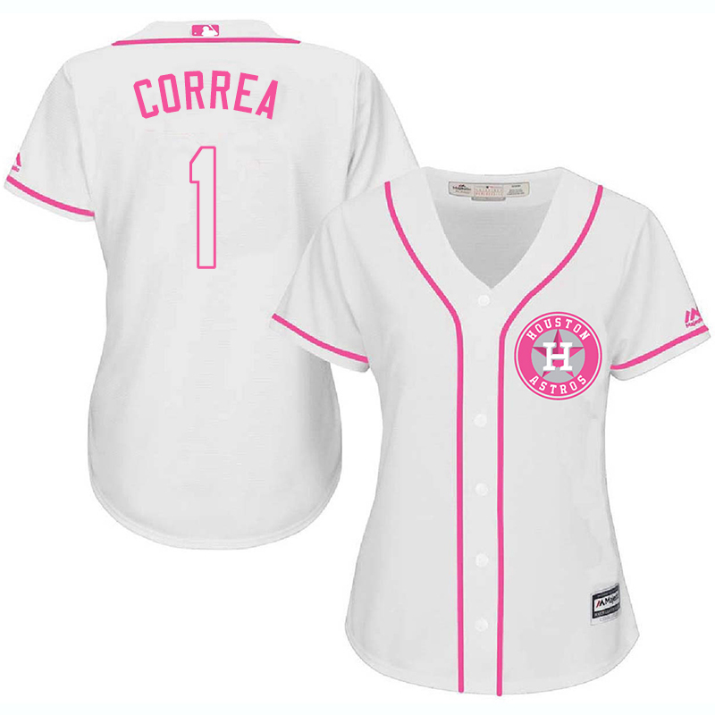 Astros 1 Carlos Correa White Pink Women Cool Base Jersey