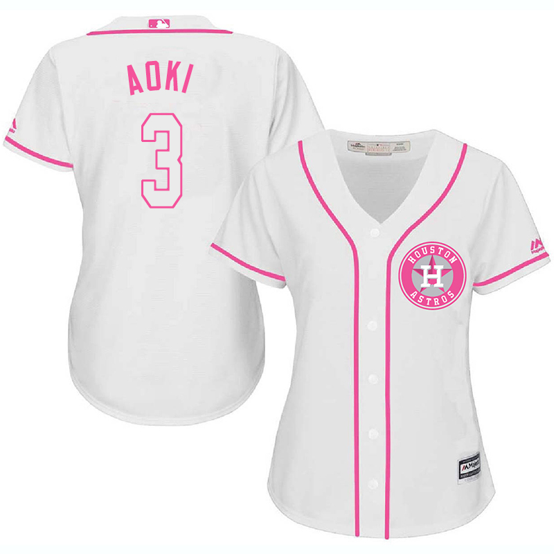 Astros 3 Norichika Aoki White Pink Women Cool Base Jersey