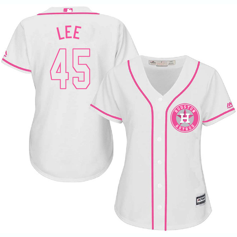Astros 45 Carlos Lee White Pink Women Cool Base Jersey
