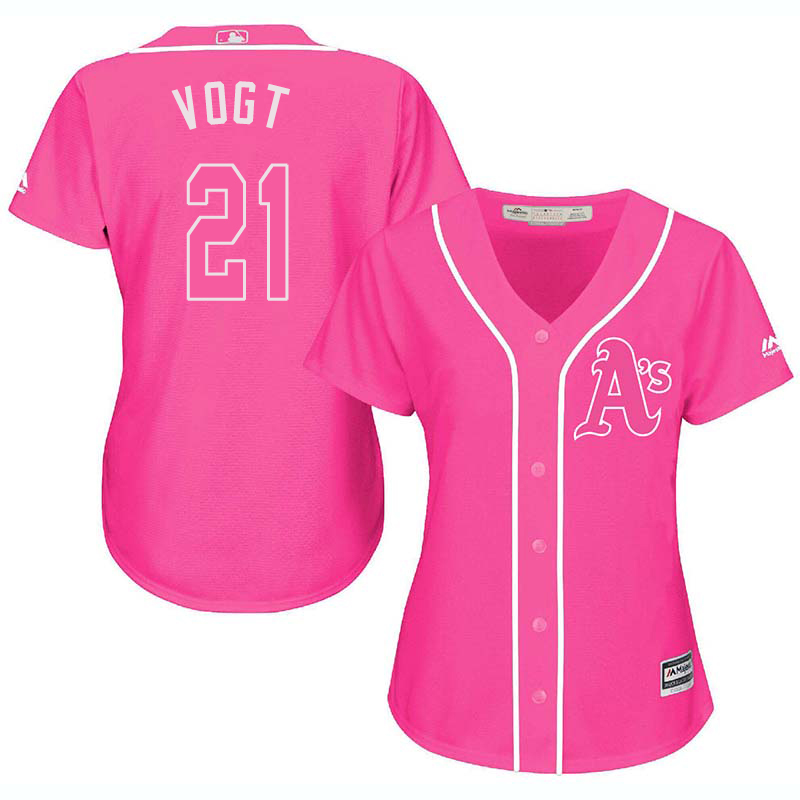 Athletics 21 Stephen Vogt Pink Women Cool Base Jersey - Click Image to Close