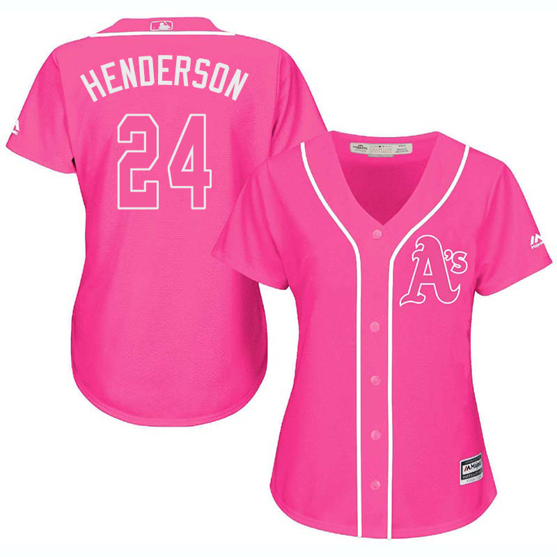Athletics 24 Rickey Henderson Pink Women Cool Base Jersey - Click Image to Close