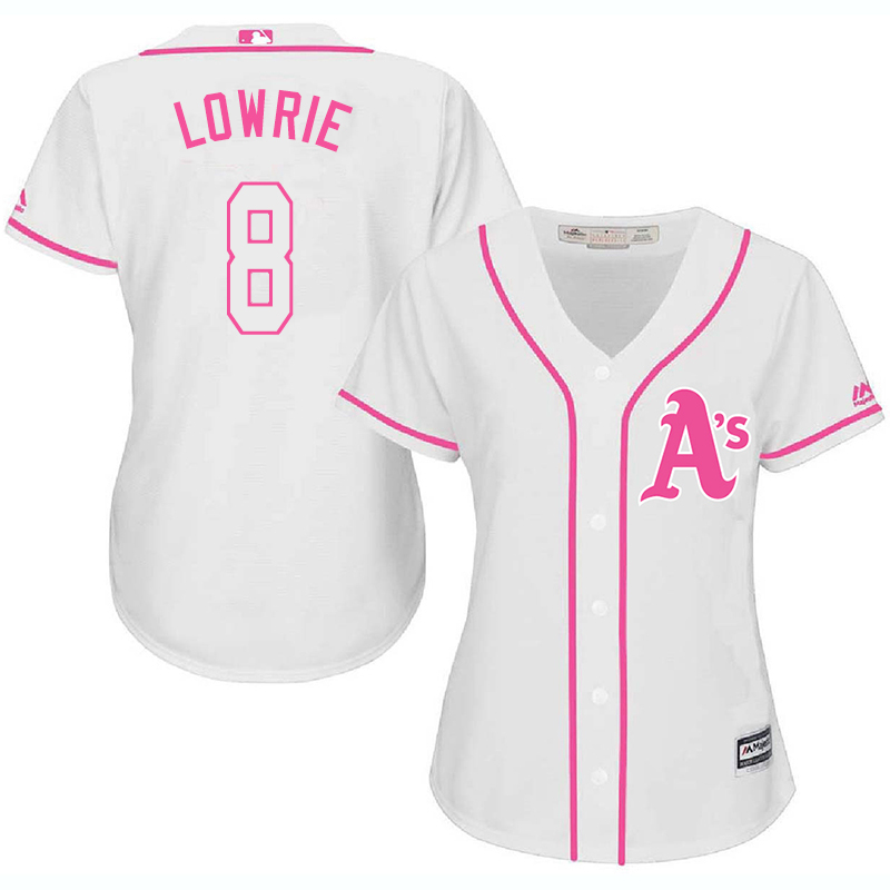 Athletics 8 Jed Lowrie White Pink Women Cool Base Jersey