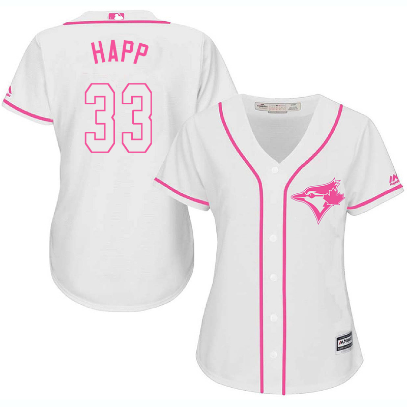 Blue Jays 33 J.A. Happ White Pink Women Cool Base Jersey - Click Image to Close