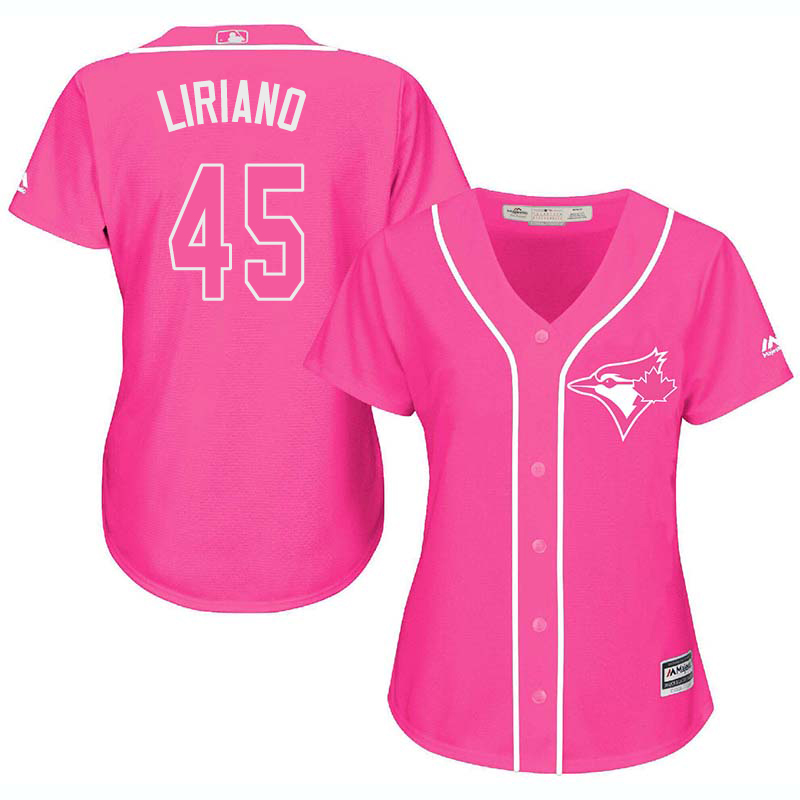 Blue Jays 45 Francisco Liriano Pink Women Cool Base Jersey - Click Image to Close