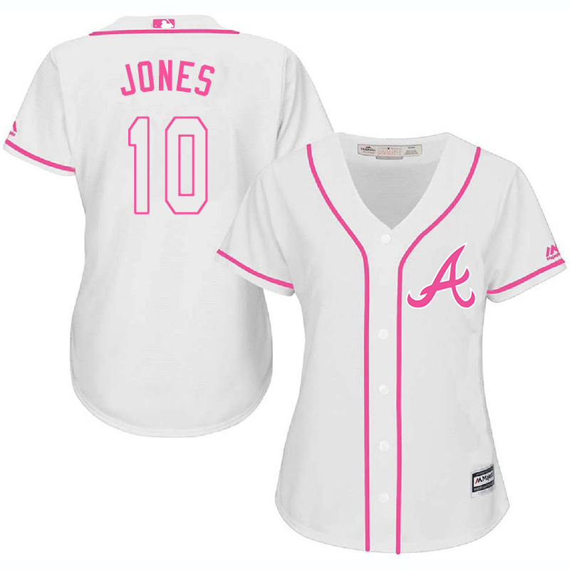 Braves 10 Chipper Jones White Pink Women Cool Base Jersey