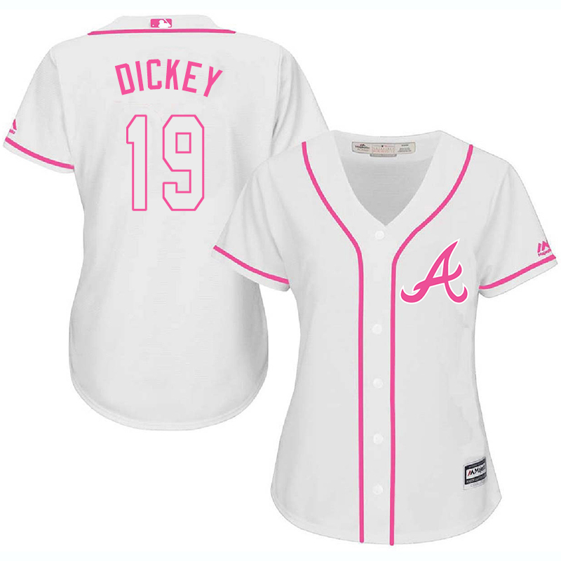 Braves 19 R.A. Dickey White Pink Women Cool Base Jersey