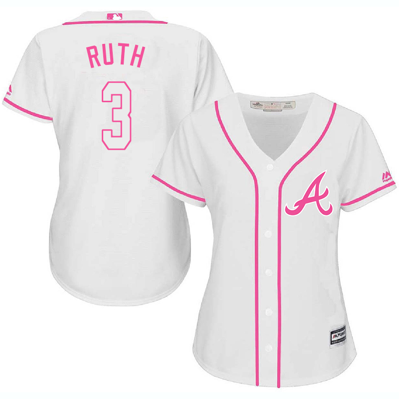Braves 3 Babe Ruth White Pink Women Cool Base Jersey