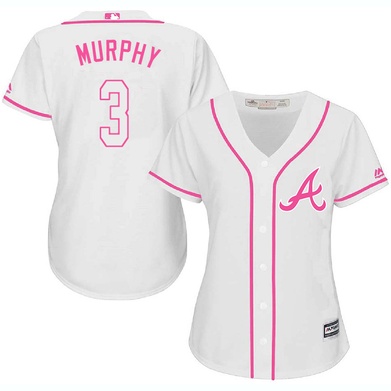 Braves 3 Dale Murphy White Pink Women Cool Base Jersey - Click Image to Close