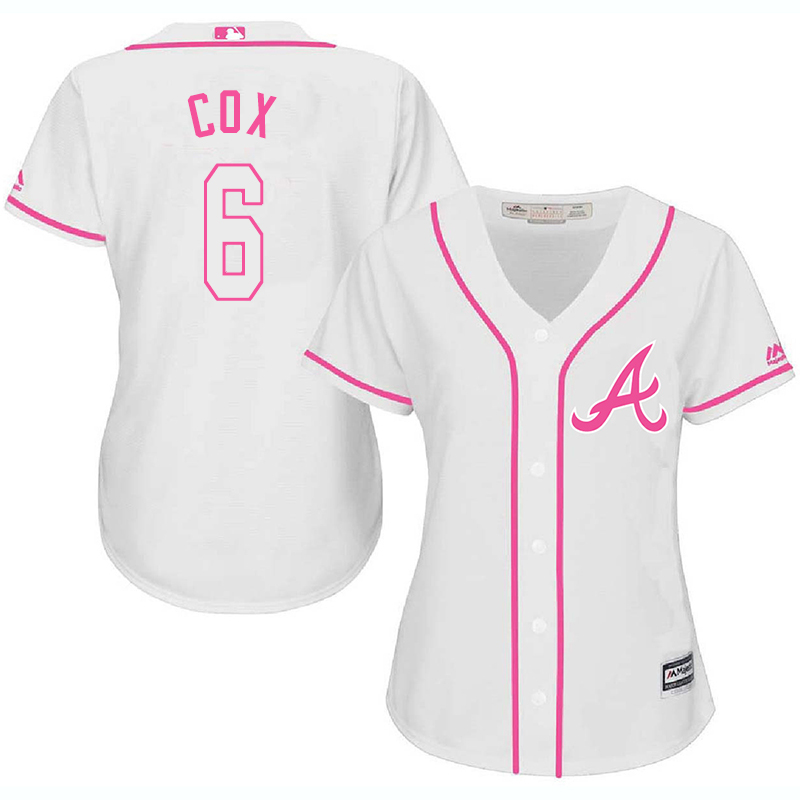 Braves 6 Bobby Cox White Pink Women Cool Base Jersey