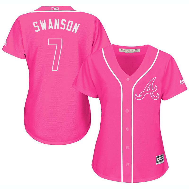 Braves 7 Dansby Swanson Pink Women Cool Base Jersey
