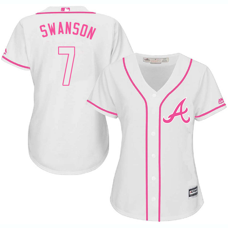 Braves 7 Dansby Swanson White Pink Women Cool Base Jersey