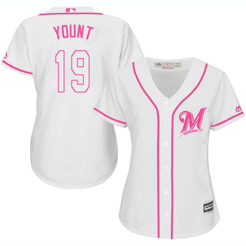 Brewers 19 Robin Yount White Pink Women Cool Base Jersey