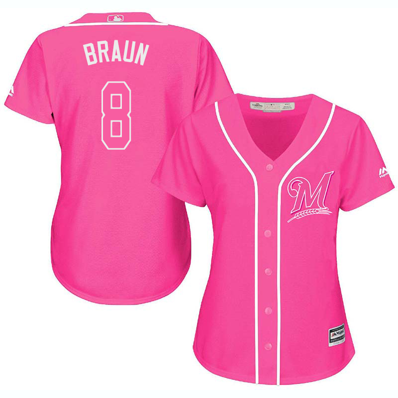 Brewers 8 Ryan Braun Pink Women Cool Base Jersey
