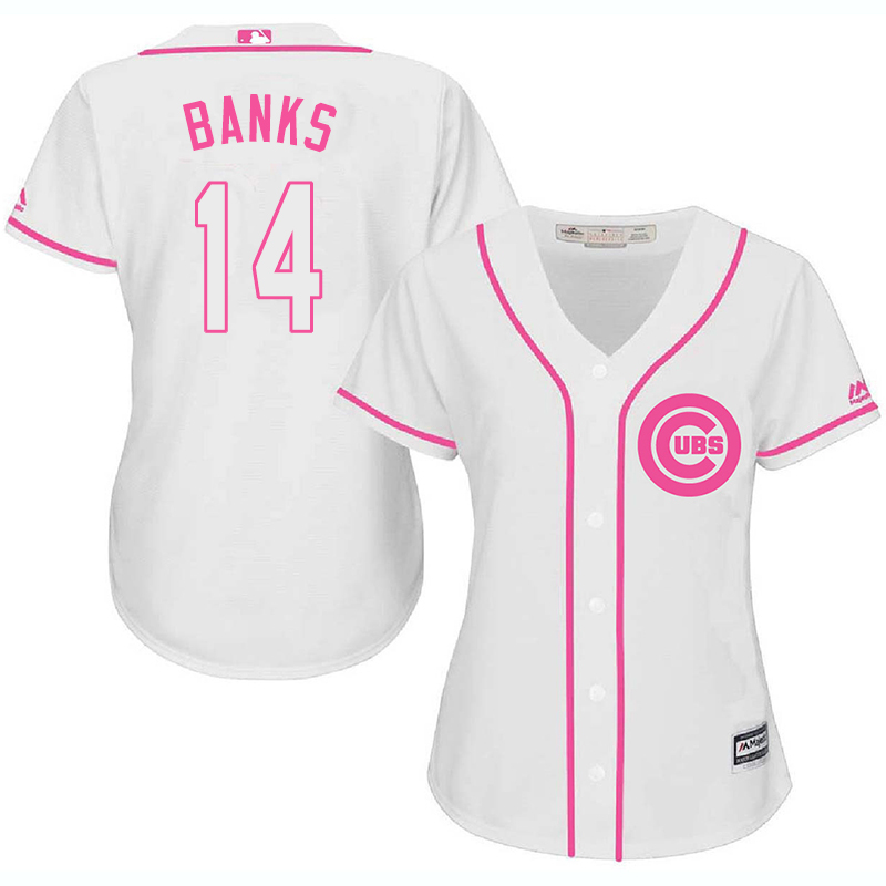 Cubs 14 Ernie Banks White Pink Women Cool Base Jersey