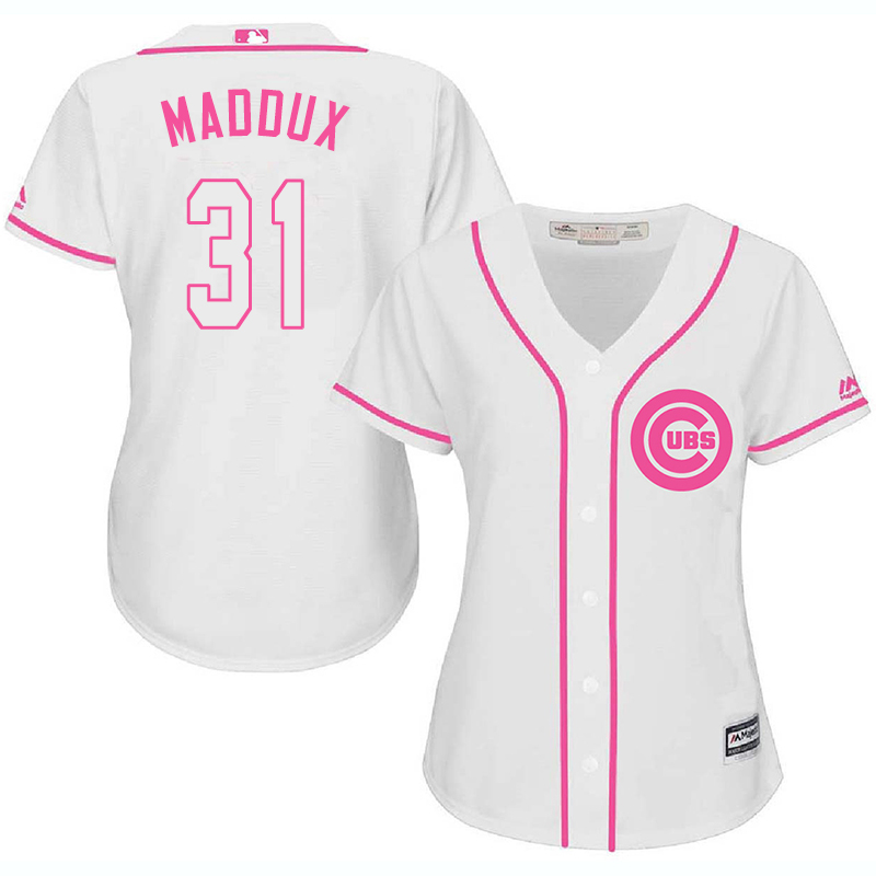 Cubs 31 Greg Maddux White Pink Women Cool Base Jersey