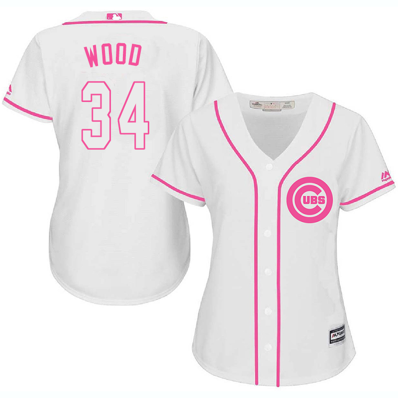 Cubs 34 Kerry Wood White Pink Women Cool Base Jersey