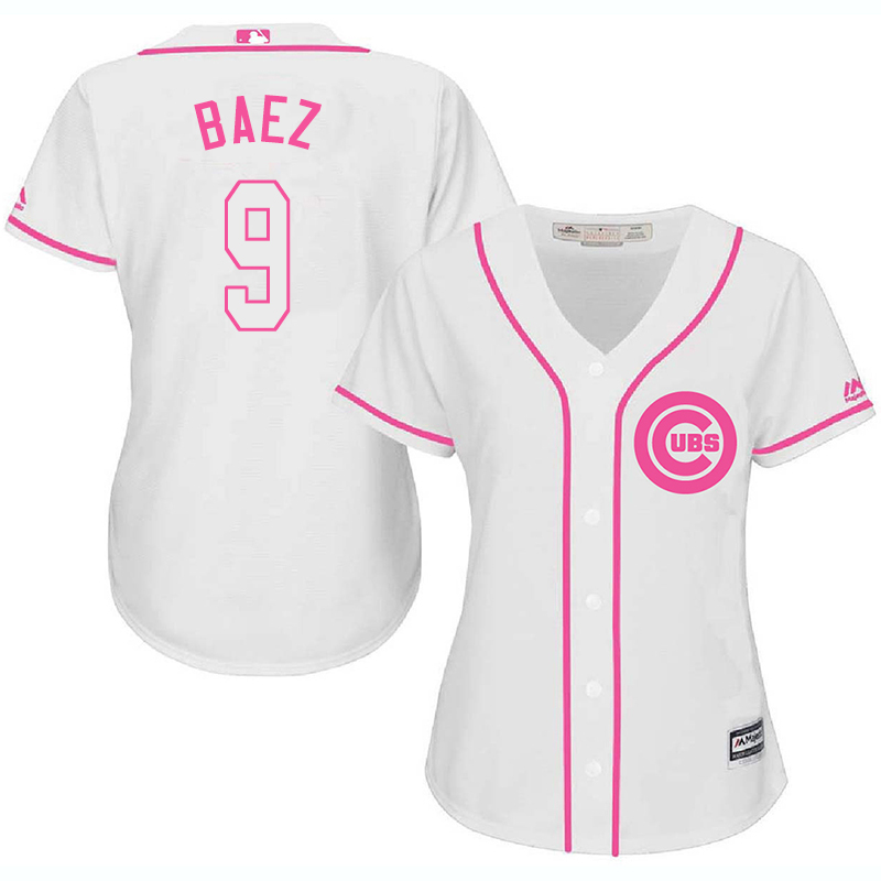 Cubs 9 Javier Baez White Pink Women Cool Base Jersey