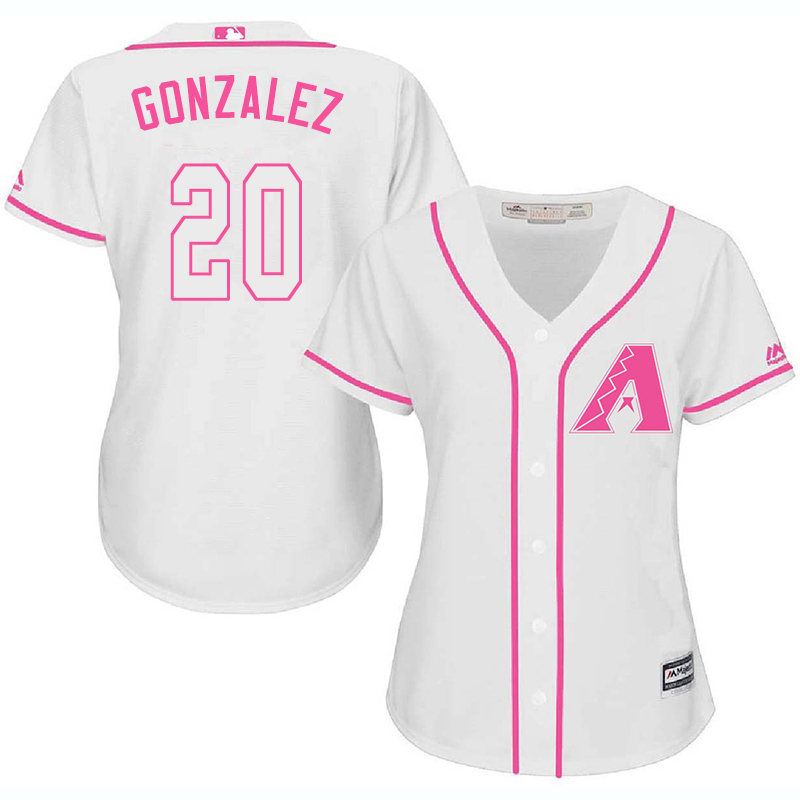 Diamondbacks 20 Luiz Gonzalez White Pink Women Cool Base Jersey