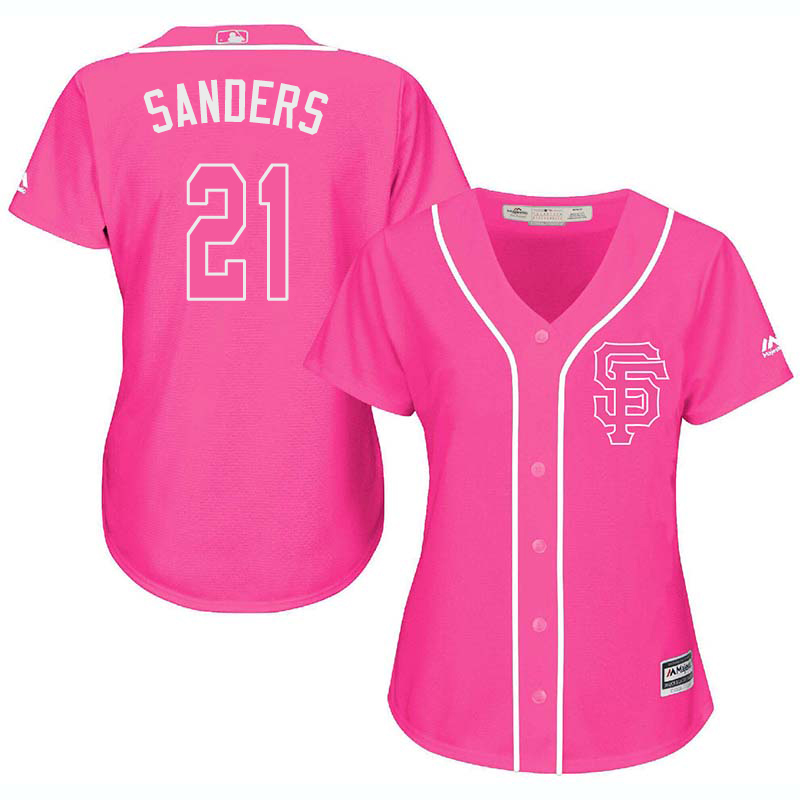 Giants 21 Deion Sanders Pink Women Cool Base Jersey - Click Image to Close