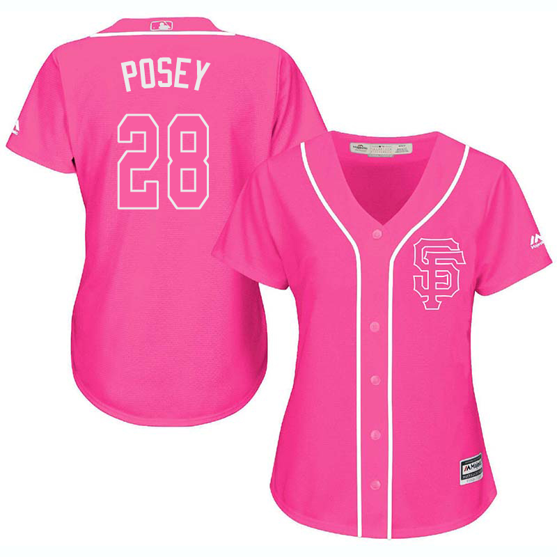 Giants 28 Buster Posey Pink Women Cool Base Jersey - Click Image to Close