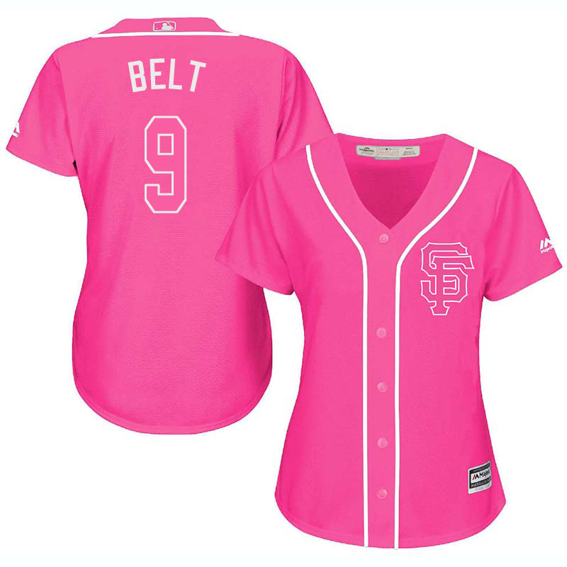 Giants 9 Brandon Belt Pink Women Cool Base Jersey - Click Image to Close