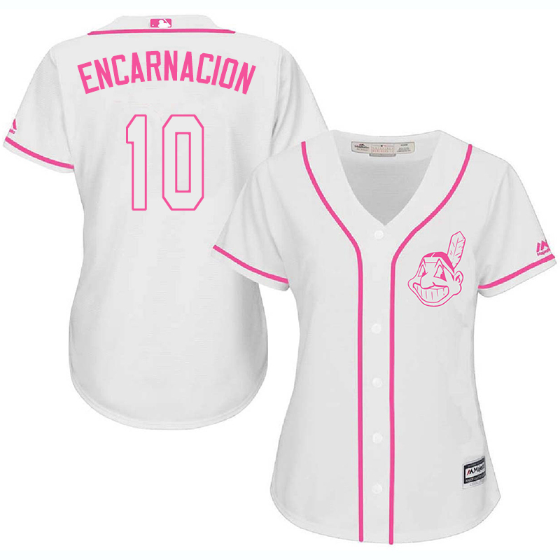 Indians 10 Edwin Encarnacion White Pink Women Cool Base Jersey