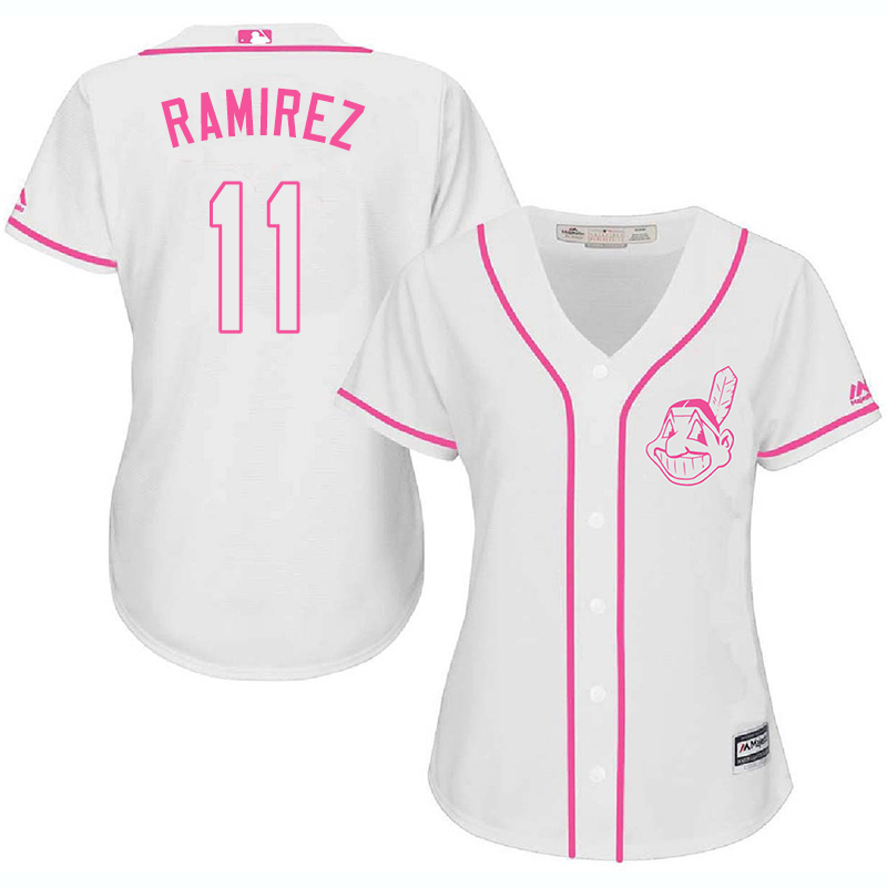 Indians 11 Jose Ramirez White Pink Women Cool Base Jersey - Click Image to Close