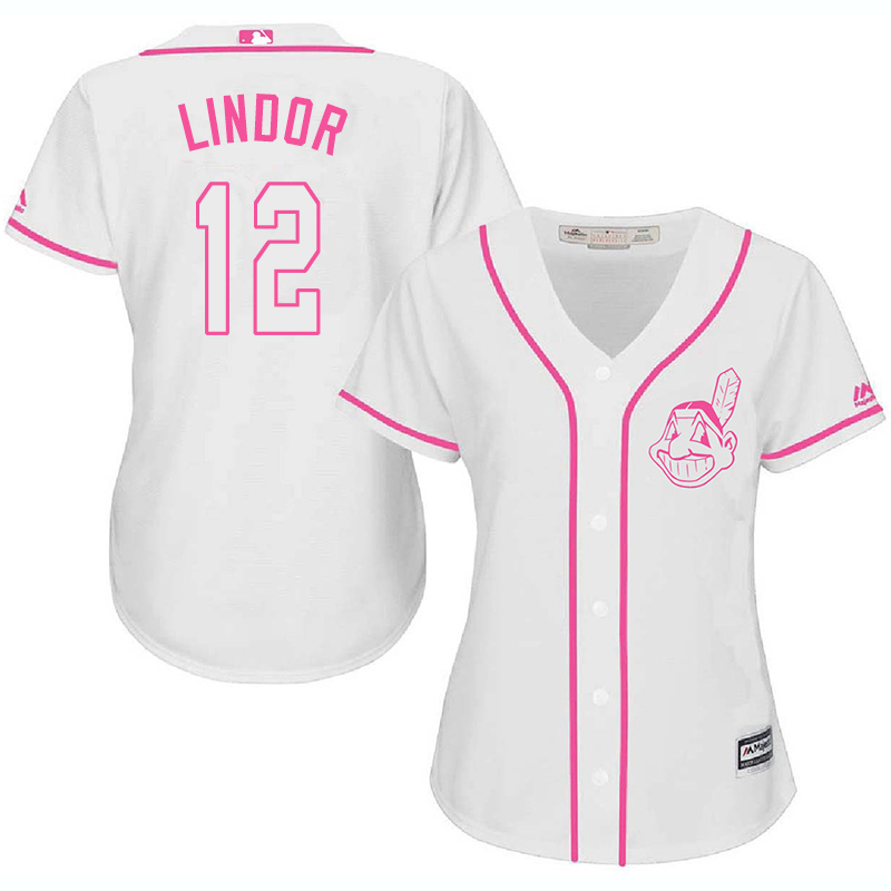 Indians 12 Francisco Lindor White Pink Women Cool Base Jersey