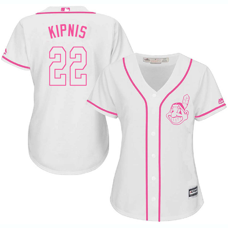 Indians 22 Jason Kipnis White Pink Women Cool Base Jersey - Click Image to Close