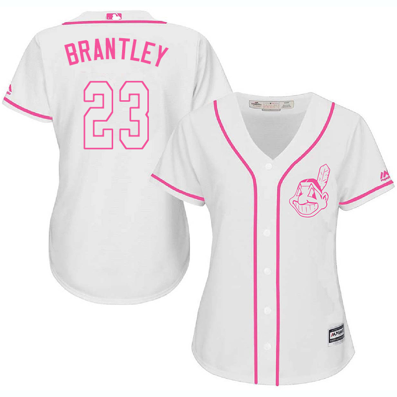 Indians 23 Michael Brantley White Pink Women Cool Base Jersey - Click Image to Close