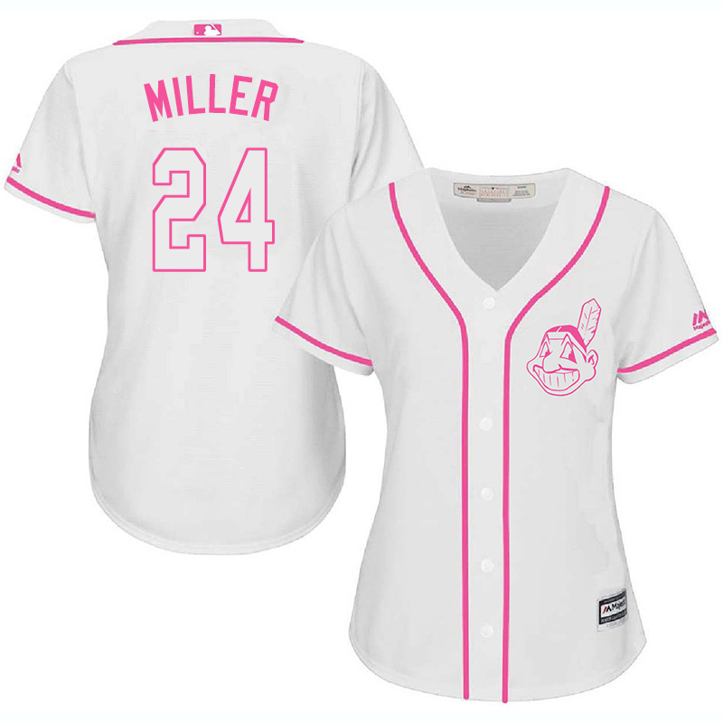Indians 24 Andrew Miller White Pink Women Cool Base Jersey