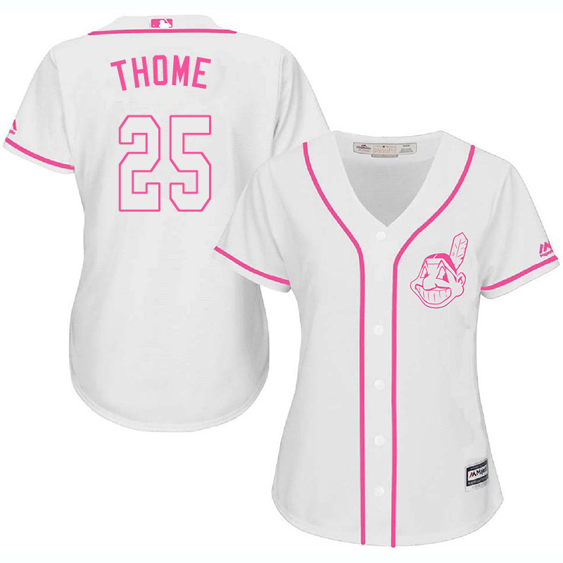 Indians 25 Jim Thome White Pink Women Cool Base Jersey - Click Image to Close