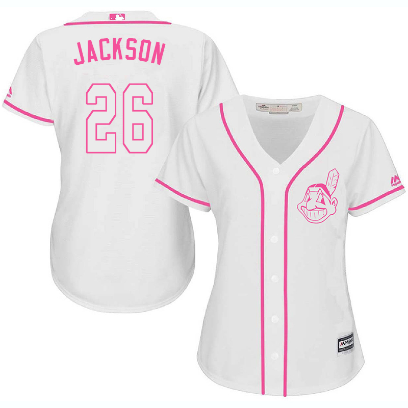 Indians 26 Austin Jackson White Pink Women Cool Base Jersey - Click Image to Close