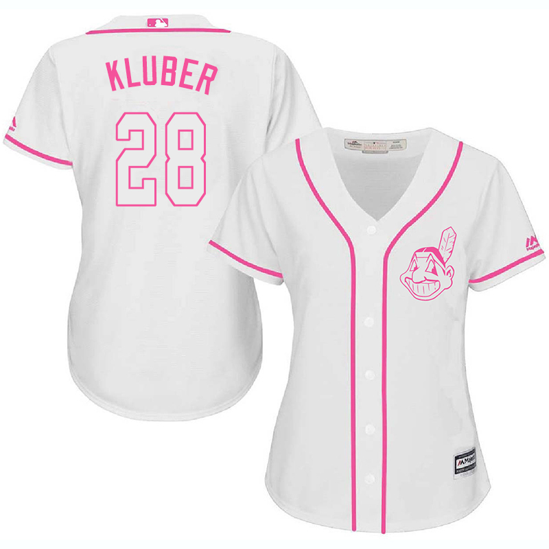 Indians 28 Corey Kluber White Pink Women Cool Base Jersey - Click Image to Close