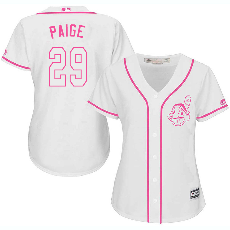 Indians 29 Satchel Paige White Pink Women Cool Base Jersey