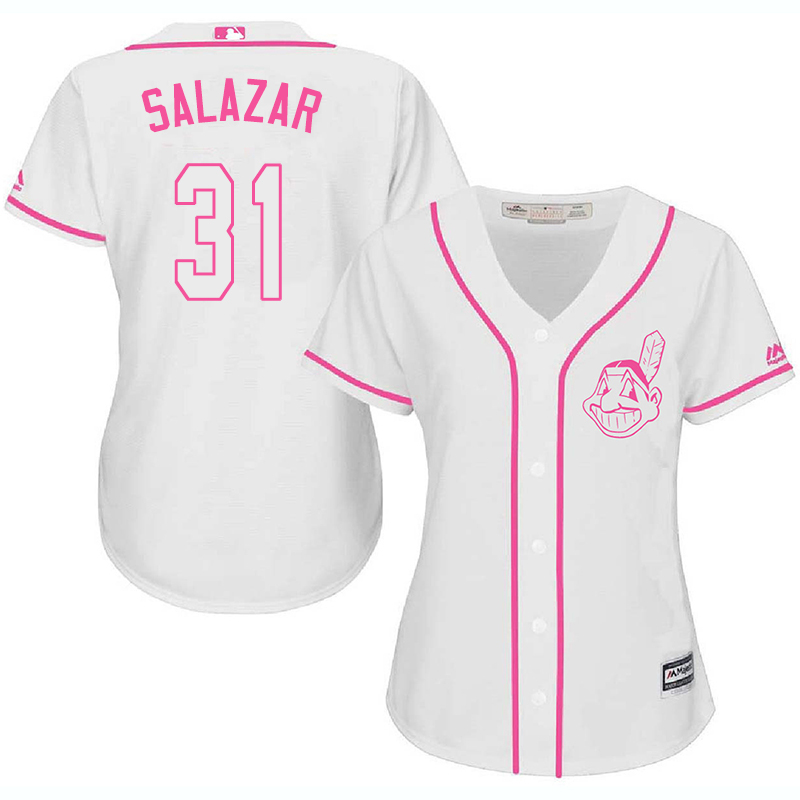 Indians 31 Danny Salazar White Pink Women Cool Base Jersey - Click Image to Close