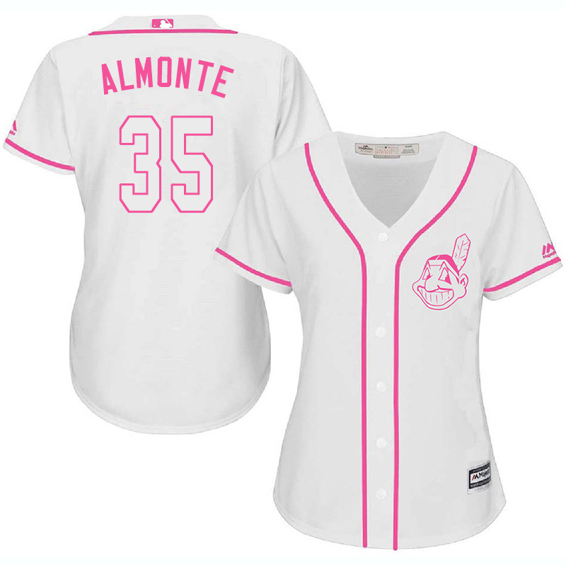Indians 35 Abraham Almonte White Pink Women Cool Base Jersey - Click Image to Close