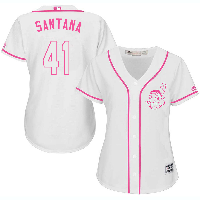 Indians 41 Carlos Santana White Pink Women Cool Base Jersey