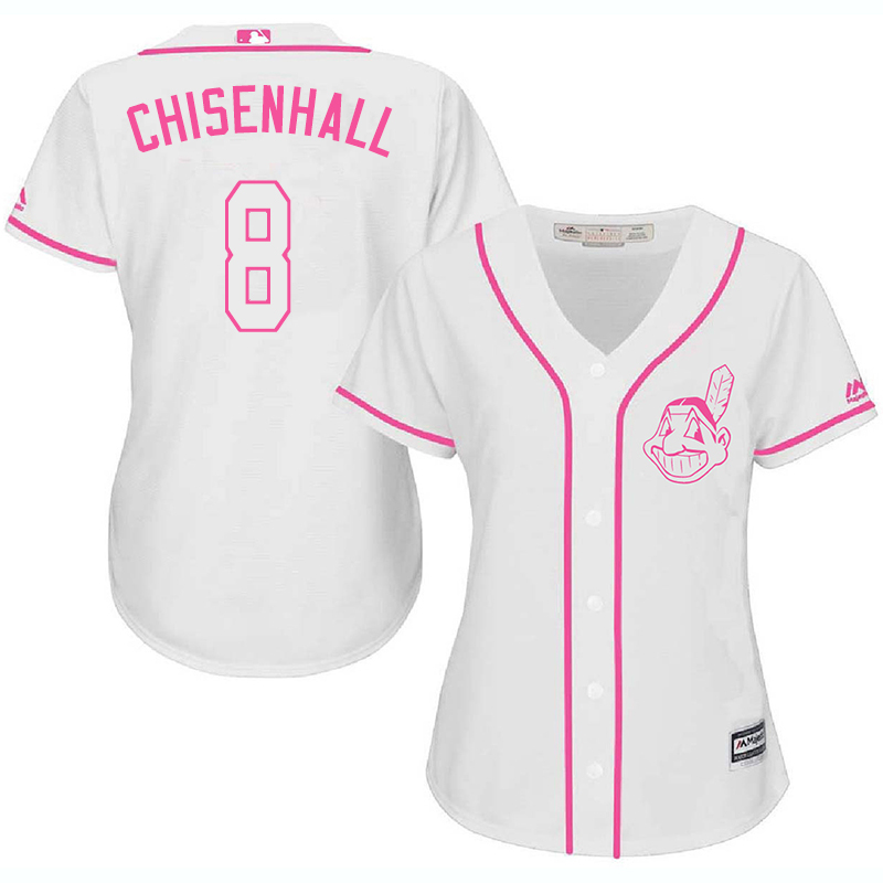 Indians 8 Lonnie Chisenhall White Pink Women Cool Base Jersey