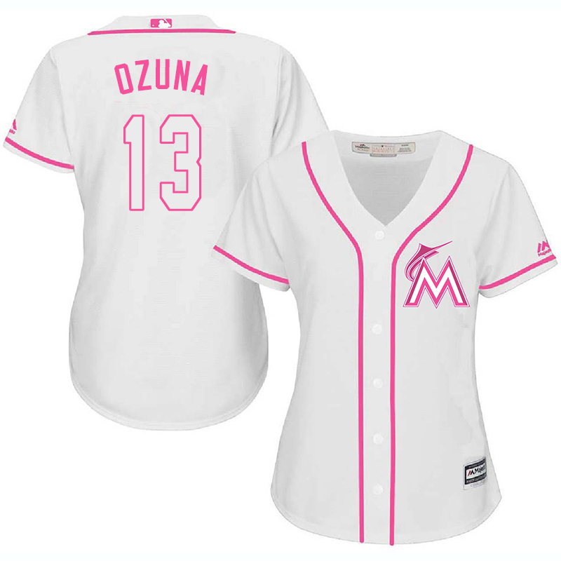 Marlins 13 Marcell Ozuna White Pink Women Cool Base Jersey